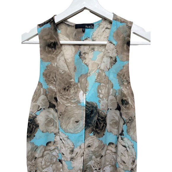Ro and De Top Womens Small Shirt Blouse Blue Brown Floral Sleeveless Casual Work - Picture 2 of 13